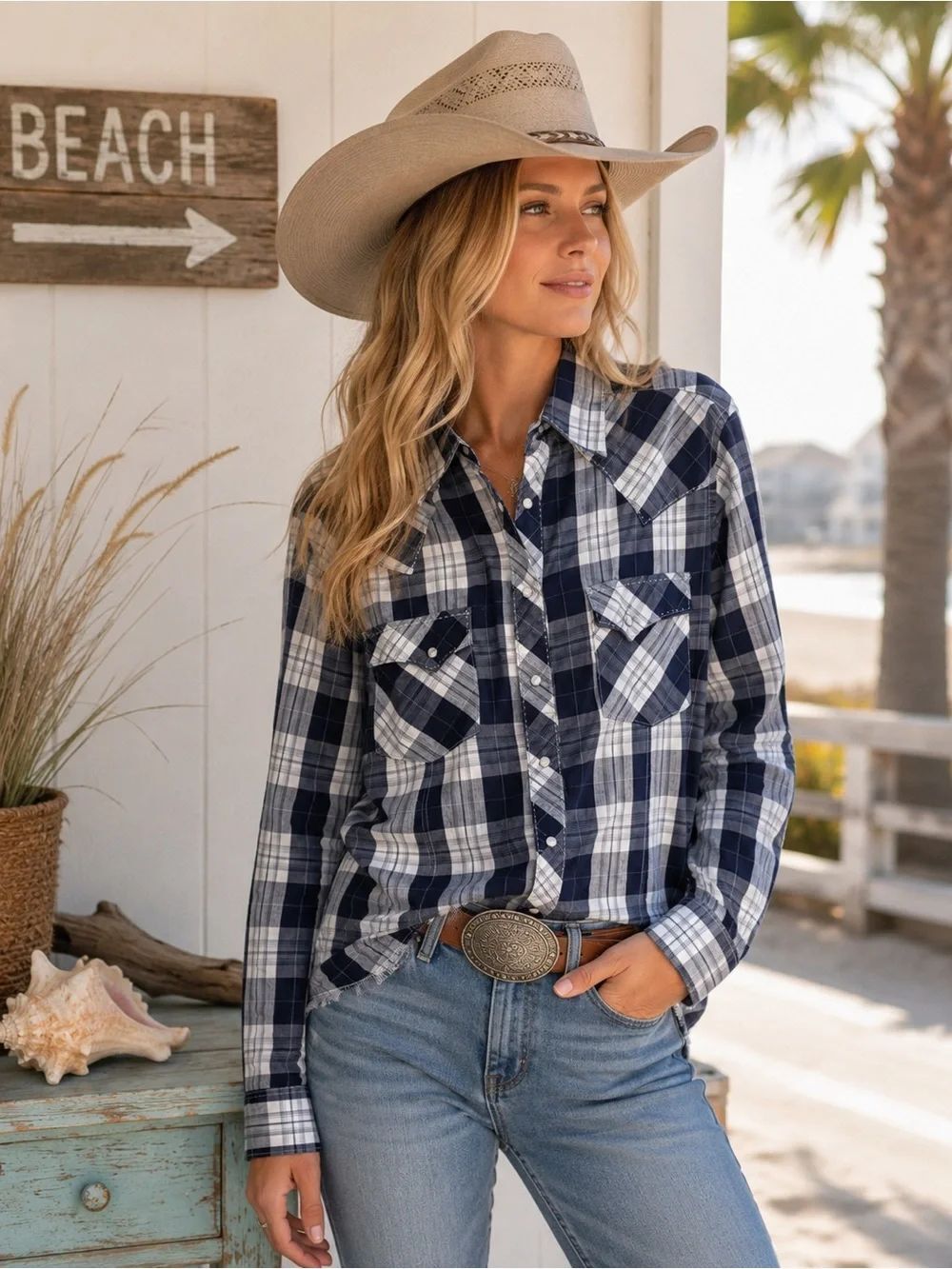 Wrangler Black and White Plaid Button-Down Shirt Coastal Cowgirl Aesthetic